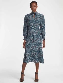 Dakota Silk Midi Dress - Beige Blue Leopard Pansy Print