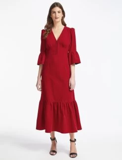 Daphne Pin Corduroy V Neck Maxi Dress - Red