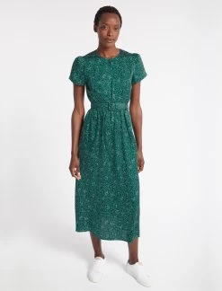 Nina Maxi Dress With Belt - Green White Wiggle Print