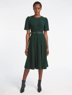 Felicity Pin Corduroy Midi Dress With Belt - Forest Green