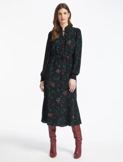 Zahra Silk Drawstring Maxi Dress - Black Lotus Print