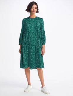 Hester Trapeze Midi Dress - Green White Wiggle Print