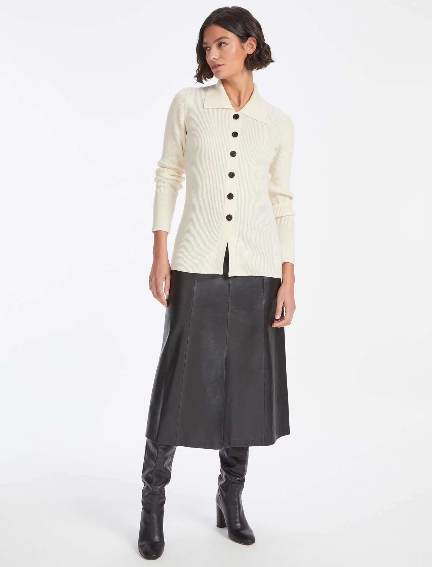 Kelis Wool Rib Knit Cardigan - Cream - Image 5