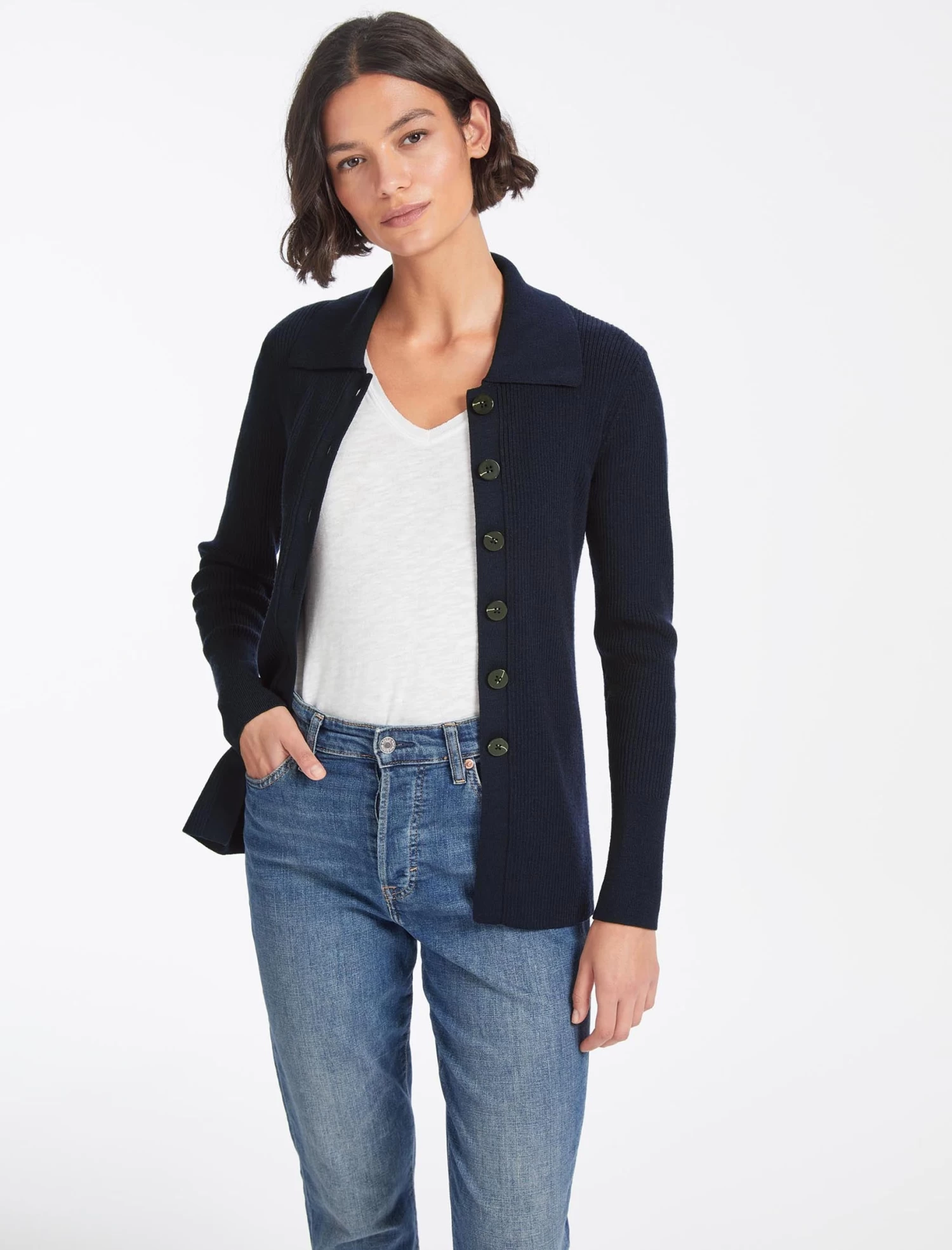 Kelis Wool Rib Knit Cardigan - Navy - Image 3