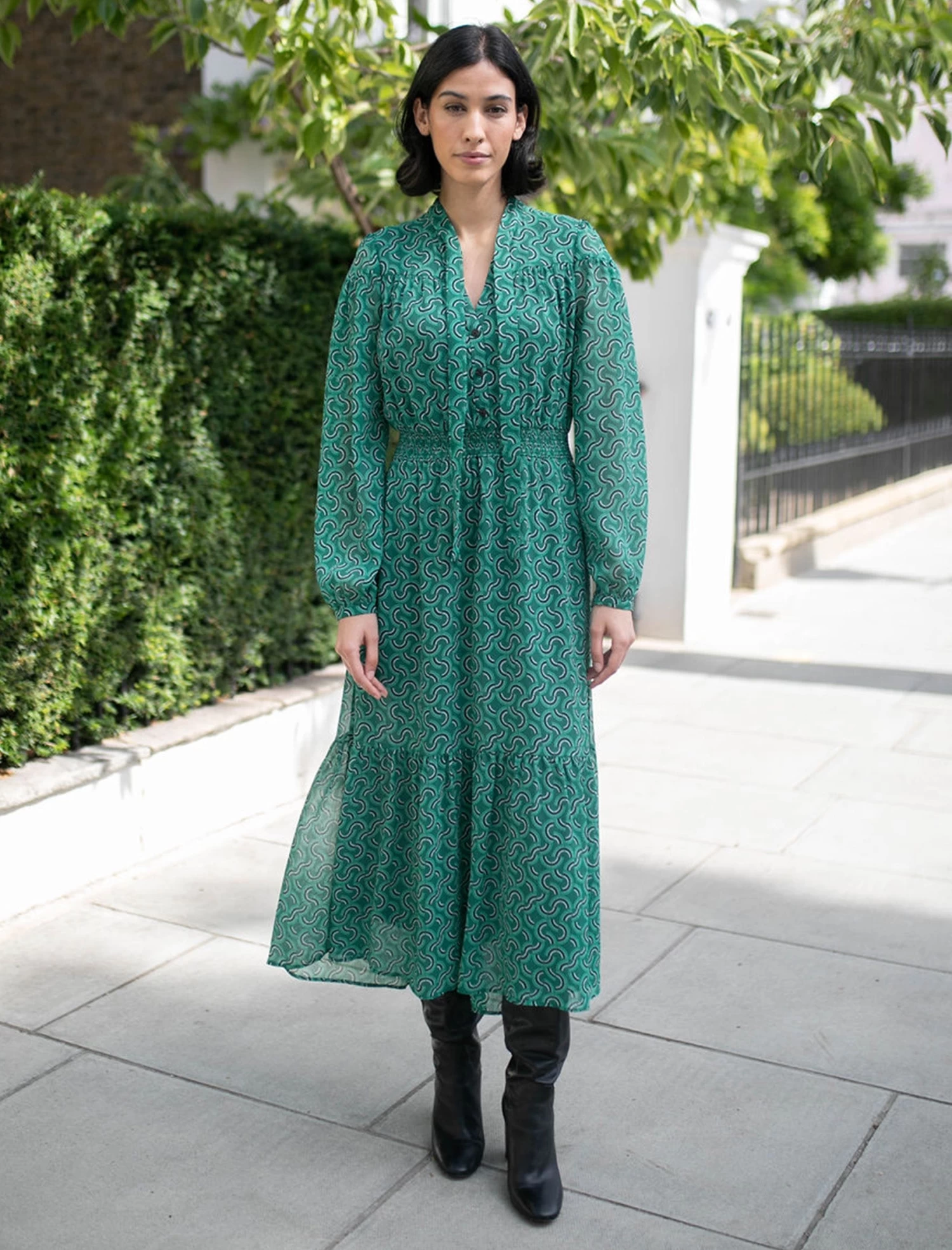 Francesca Midi Dress - Green Rainbow Geo Print - Image 2