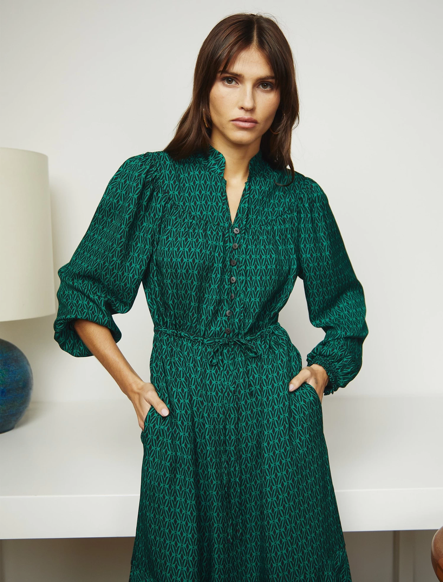 Zahra Midi Dress - Green Black Trellis Print - Image 2